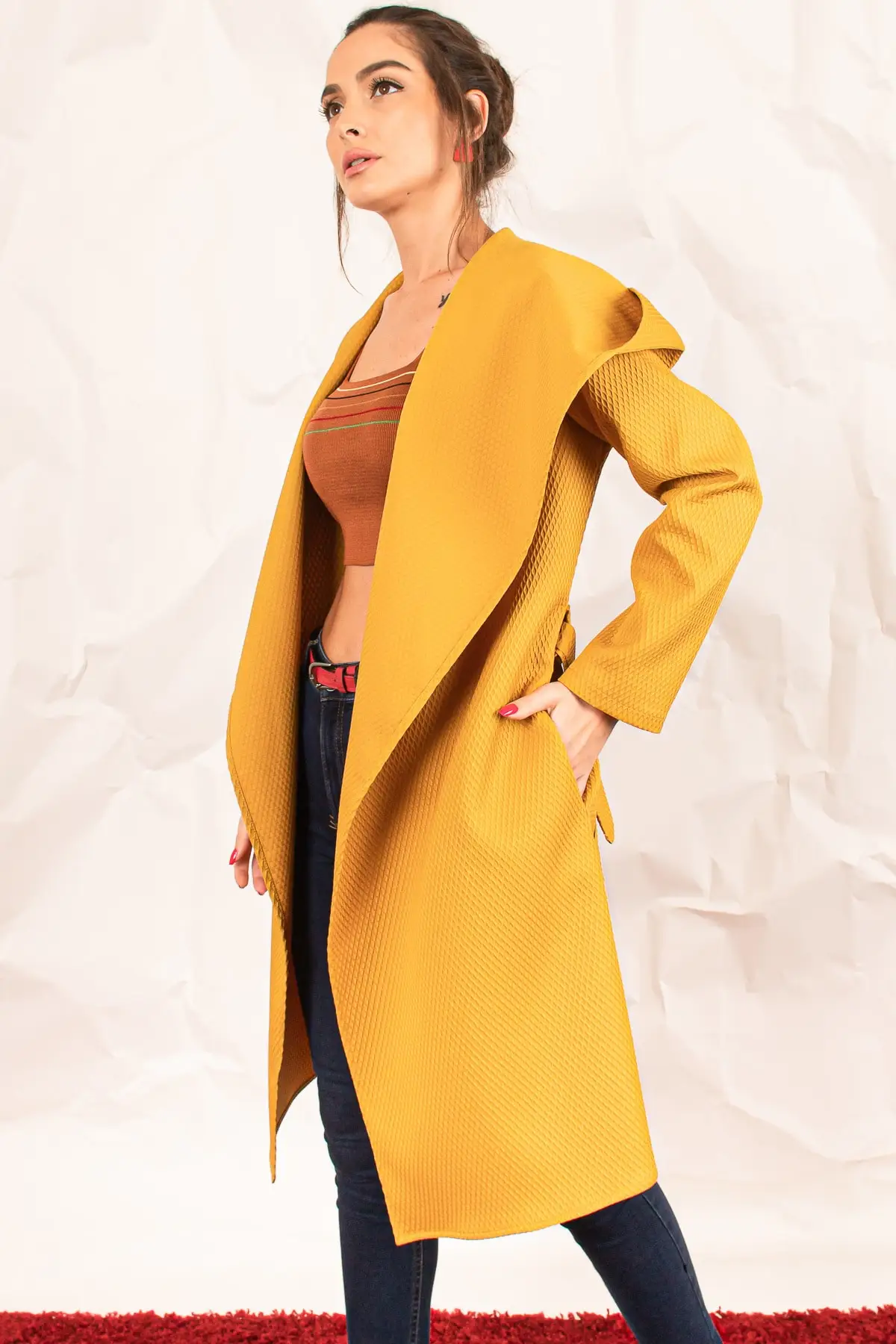 Губная гармоника женщины масло зеленый отложной воротник Beli Gusset узорчатый