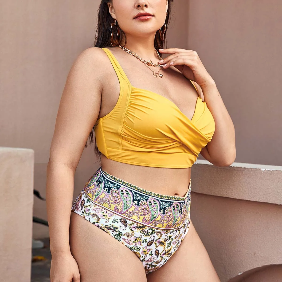 

Women's summer suits Yellow Women beach tunic High Waist Plus Size Split Swimsuit Print Lace-Up Swimsuit