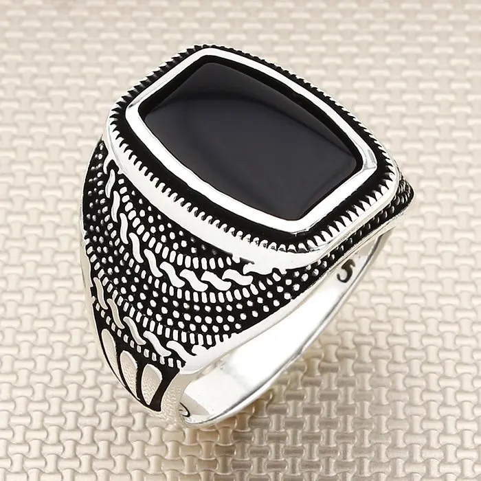 

Rectangle Black Onyx Stone Men Silver Ring Heavy December Birthstone Made in Turkey Solid 925 Sterling Silver