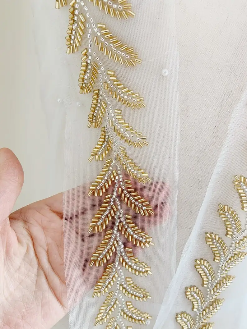 

1 yard Gold Beaded Trim With Leaves, Gold Bugle Bead Trim With Floral Leaves
