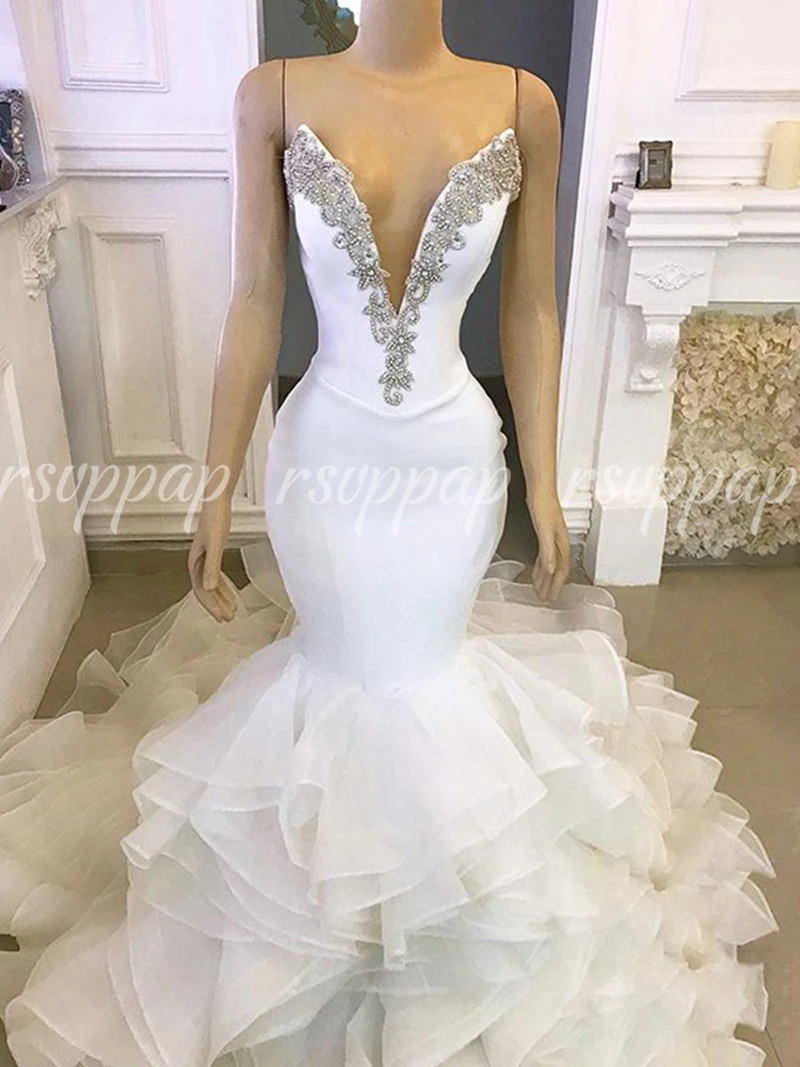 

Luxury Mermaid Sexy V-neck Bridal Wedding Gowns Crystals African White Satin With Organza Trumpet Wedding Dress 2021