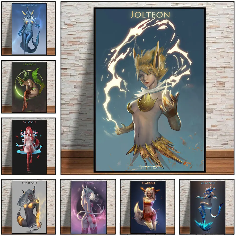 

Pokemon Poster Pikachu Mewtwo Sylveon Anime Girl Watercolor Canvas Oil Painting Wall Art Print Living Room Bedroom Home Decor