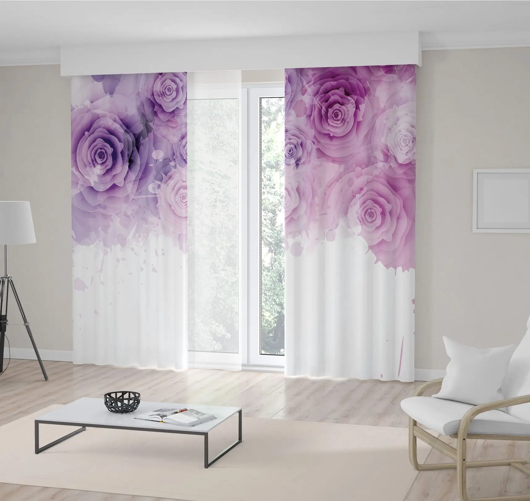 

Curtain Rose Flowers Blooms Paint Splashes Romantic Classic Decorating Artwork Purple White
