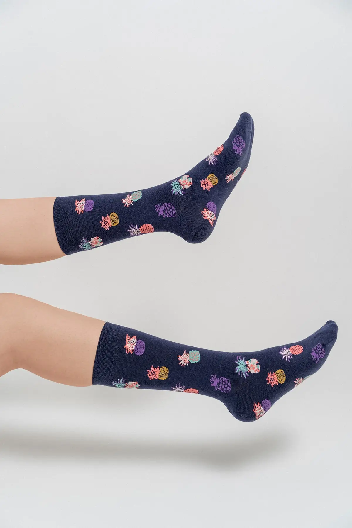 Women's Navy Blue Pineapple Print Underwear Set And Stockings Set