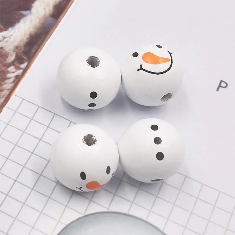 Christmas 20mm White Printed Wooden Beads Snowman Colored Wooden Beads Children DIY Home Festival Decoration Wooden Beads