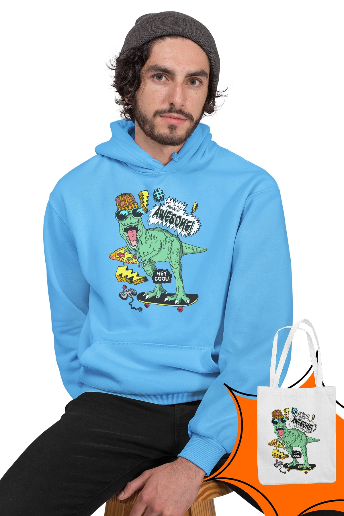 Мужская толстовка с капюшоном Angemiel Wear Awesome Skateboarder Dinosaur Blue|Мужские толстовки и