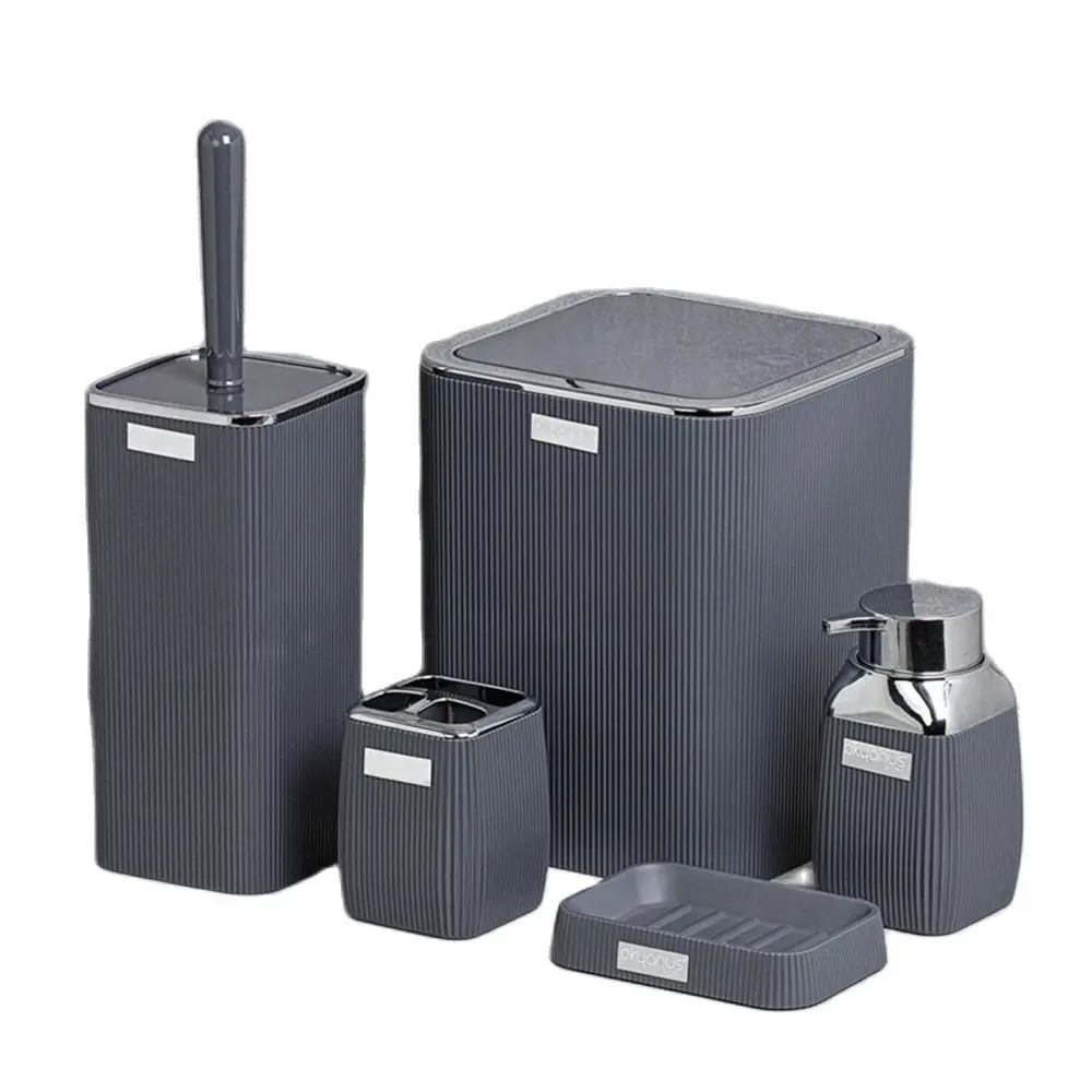 

5 Pieces Chrome Plated Striped Pattern Bathroom Set Toothbrush Soap Dispenser Cleaning Brush Trash Organizer Accessory Furniture