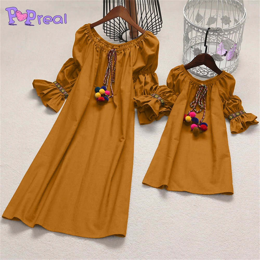 

PopReal Autumn New Mom And Daughter Dress Lantern Sleeves Pompon Decorated Solid Tie Midi-Sleeve Casual Family Matching Dresses