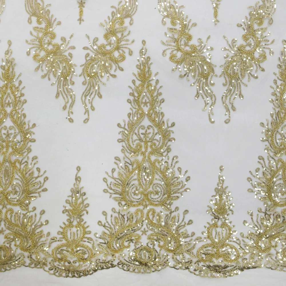 

2022 Gold Beads Lace Mesh Fabrics With Shiny Sequins For European Style Collection HY1657