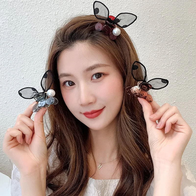 

Hair Accessories Polka Dot Mesh Hair Catching Cute Rabbit Ear Hairpin Pearl Lace Bangs Catching Clip Temperament Shark Clip