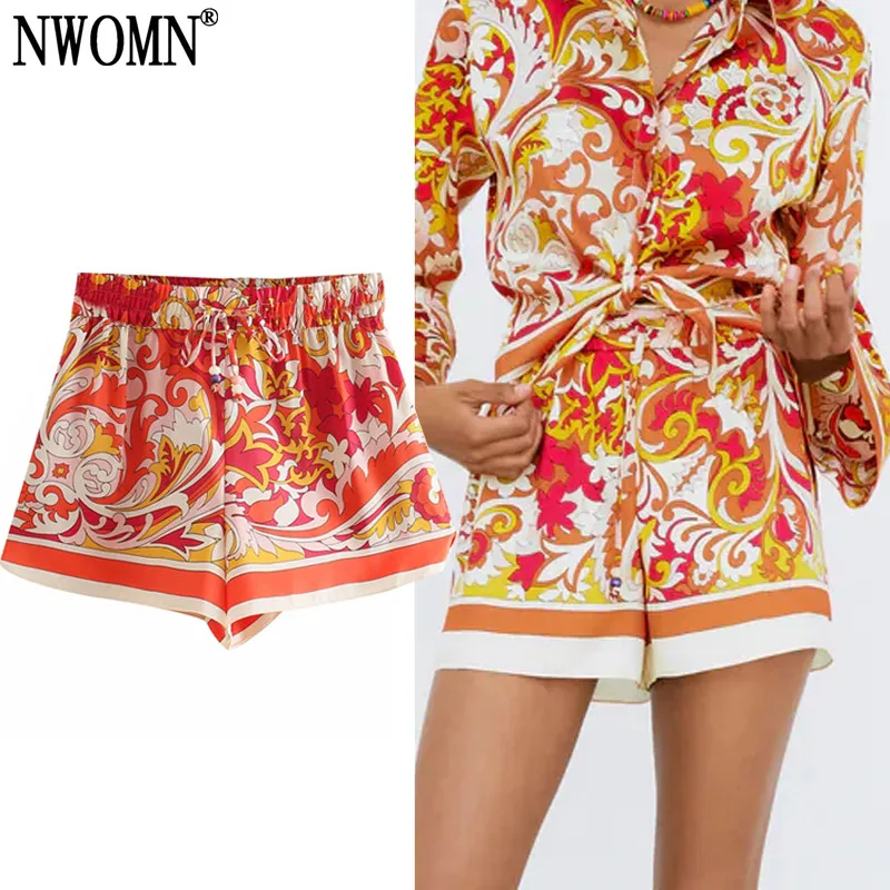 

Шорты NWOMN Za женские с завышенной талией, повседневные короткие штаны с винтажным принтом, эластичные модные пляжные, лето 2021