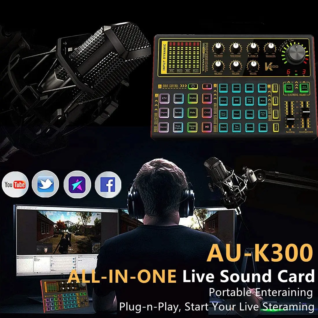 

SYNOAUDIO SK300 Live Sound Card Voice Changer Multiple Sound Effects For Live Streaming Broadcast Karaoke Recording