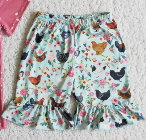 

Children girls summer new style pink bleached design short-sleeved peace-love chickens printed ruffle shorts farm suit