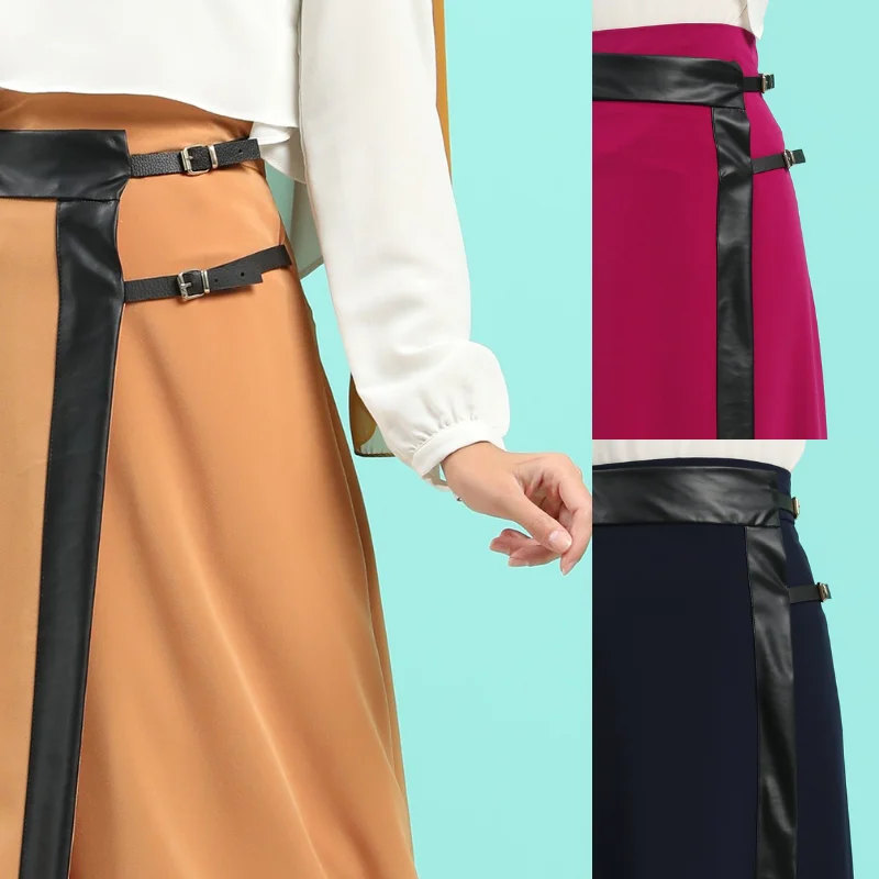 

2021 Women Long Skirt Muslim Fashion Special Design Belted Leather Garnished Skirt Stylish Islamic Clothes Solid Color Hijab New