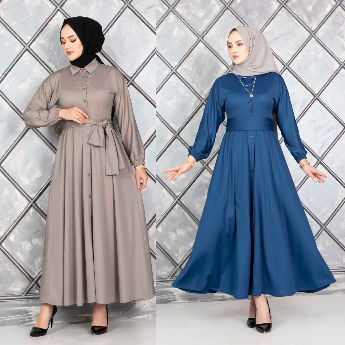 Платье на пуговицах с поясом длинным эластичным рукавом и круглым вырезом |