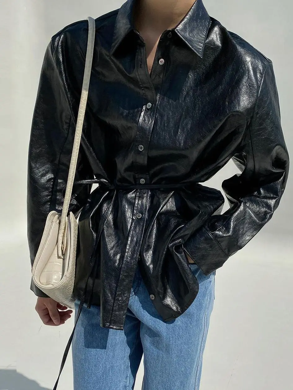 

New Spring Autumn Women Faux PU Leather Coat With Belt Casual Streetwear Outwear Leather Korean Style Shirt Jacket