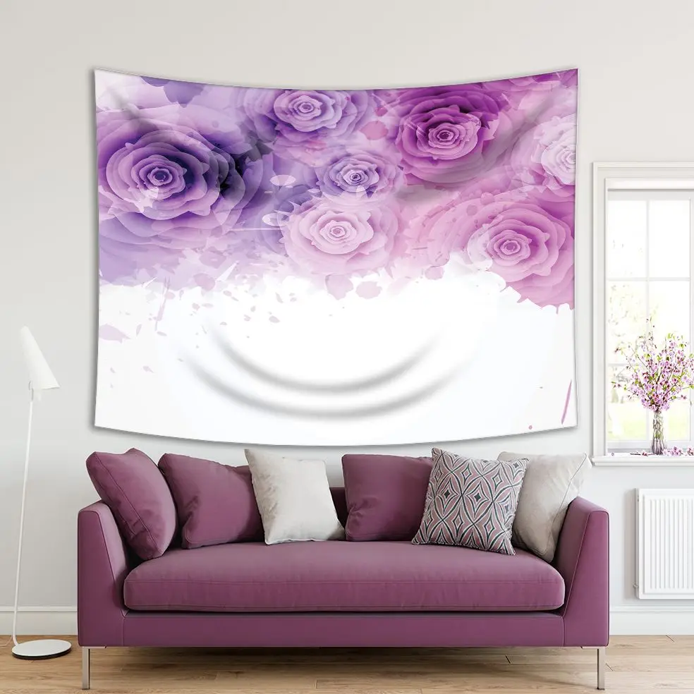 

Tapestry Rose Flowers Blooms Paint Splashes Romantic Classic Decorating Artwork Purple White