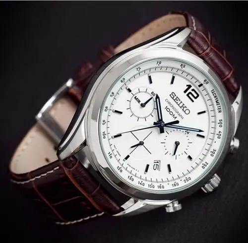 Мужские часы Seiko Neosports SSB095P1 тахометр хронограф циферблат белый 42 мм кожаный