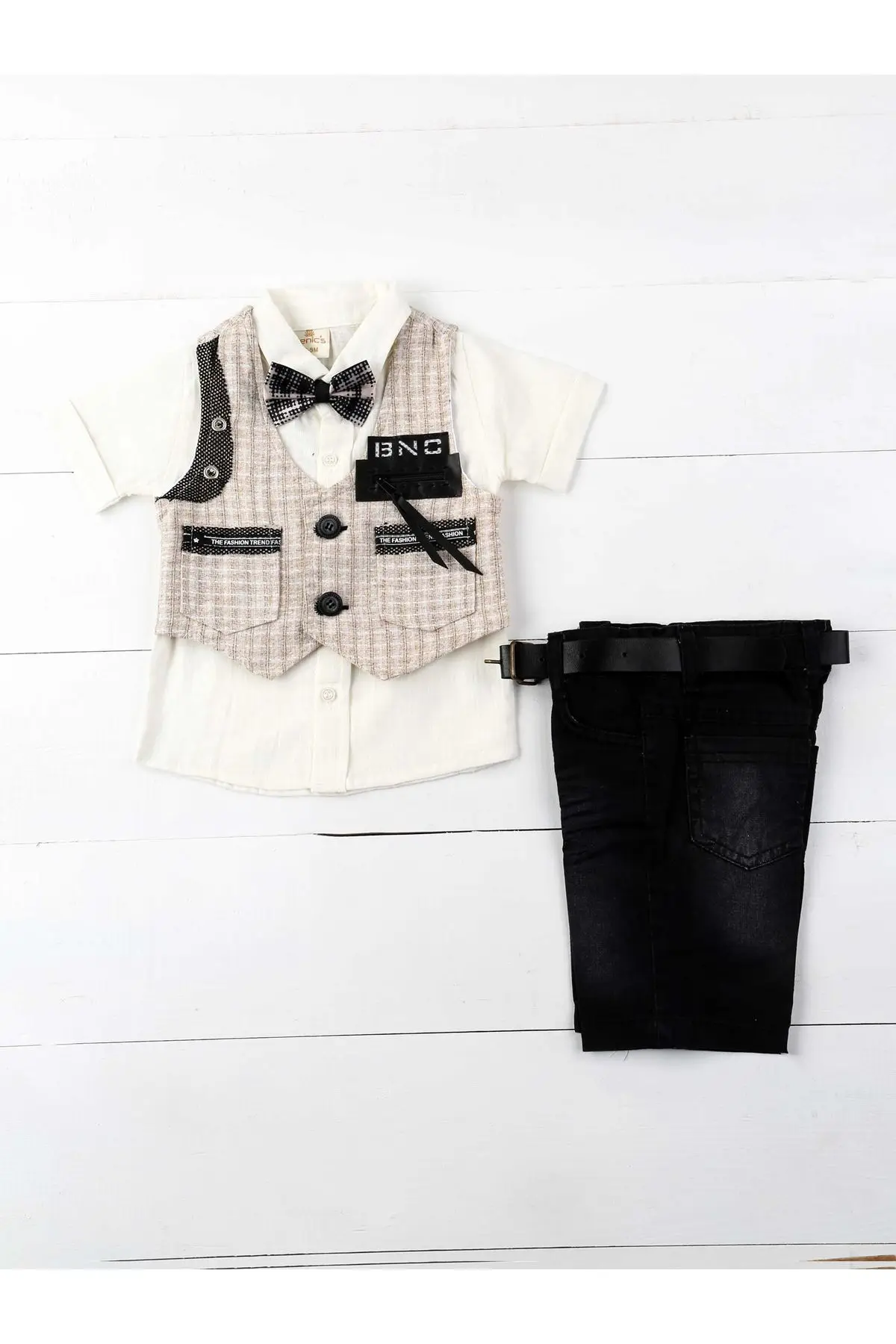 

Fashion Clothing Set light brown Boys Suit Gentleman Wedding Vest Tie Shirt short pants belt 5 Pcs clothes Sets