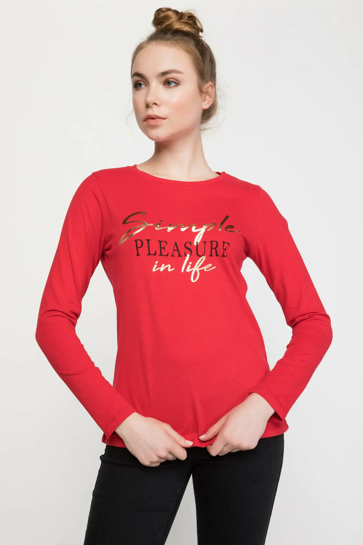 Дефакто женские красные футболки повседневные облегающие с длинным рукавом