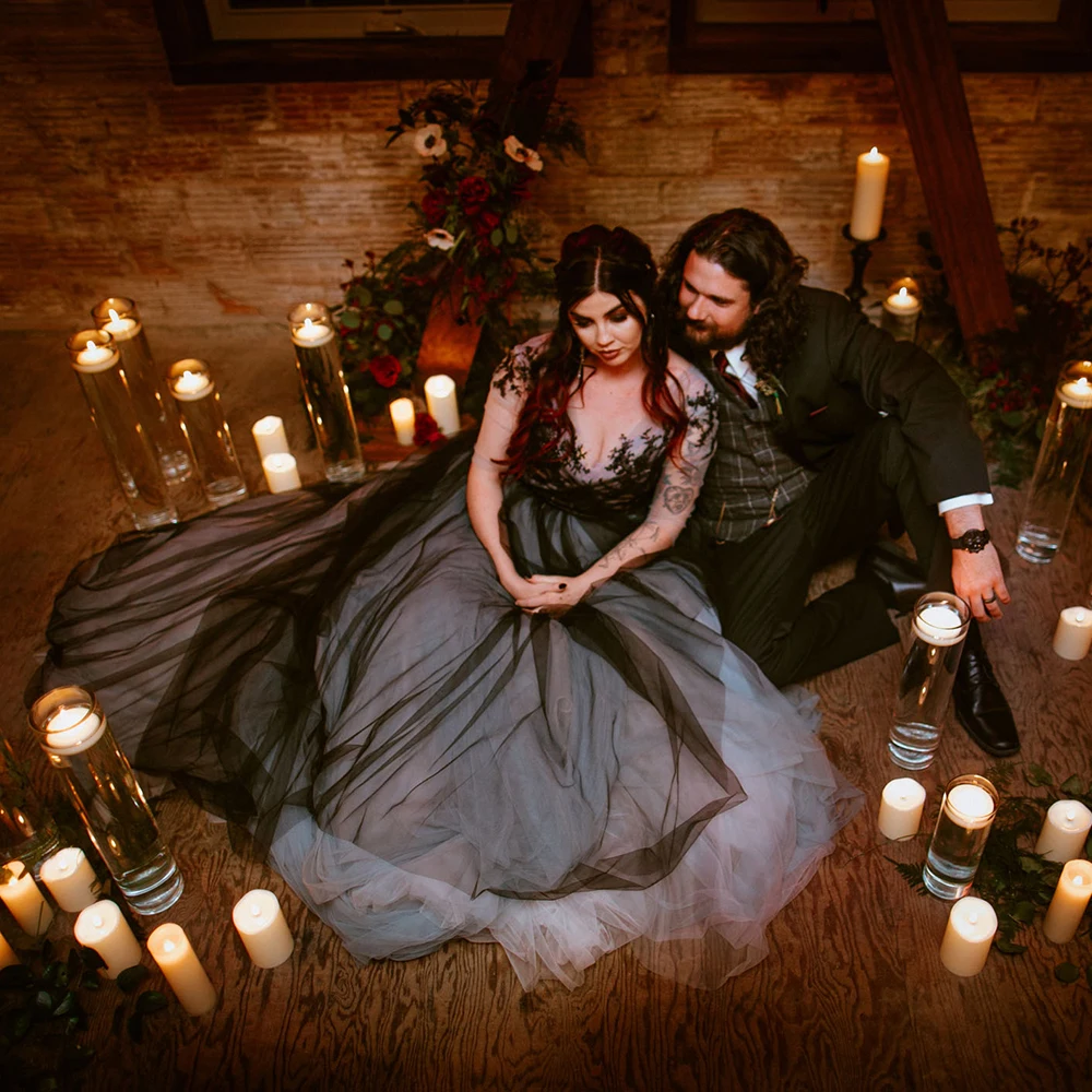 

Черное Кружевное Тюлевое свадебное платье с эффектом омбре, индивидуальный пошив, большие размеры, синее, с аппликацией, в деревенском стил...