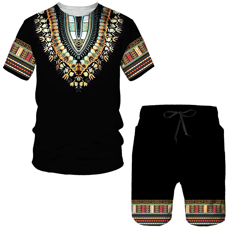 Camiseta Dashiki africana de verano para hombre, traje informal con estampado 3D de estilo étnico, conjunto de dos piezas, chándal de manga corta personalizado