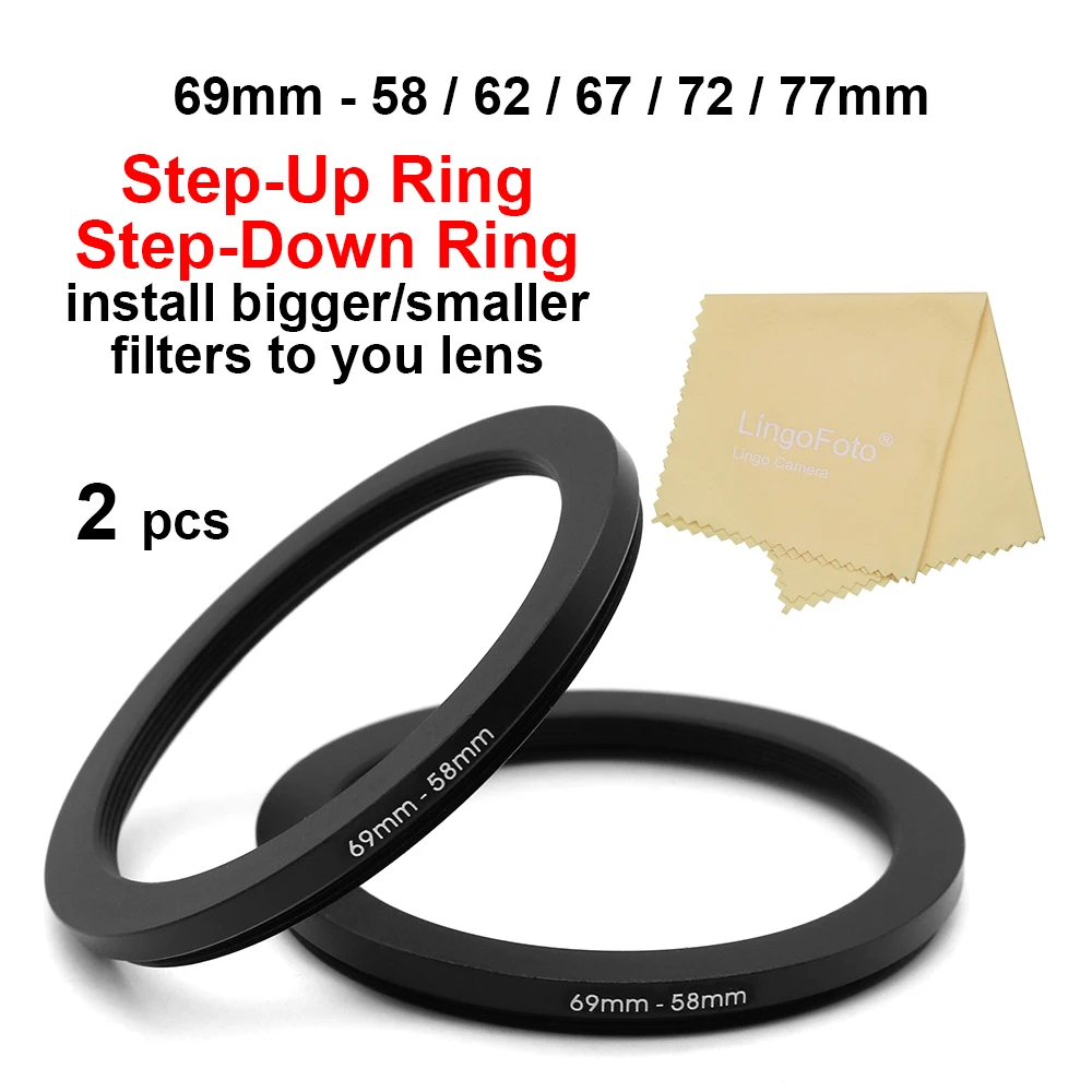 

2pcs 69mm-58/62/67/72/77mm Metal Step Up/Step Down Ring Aluminum alloy Universal Lens Filter Adapter with Lens Cleaning Cloth
