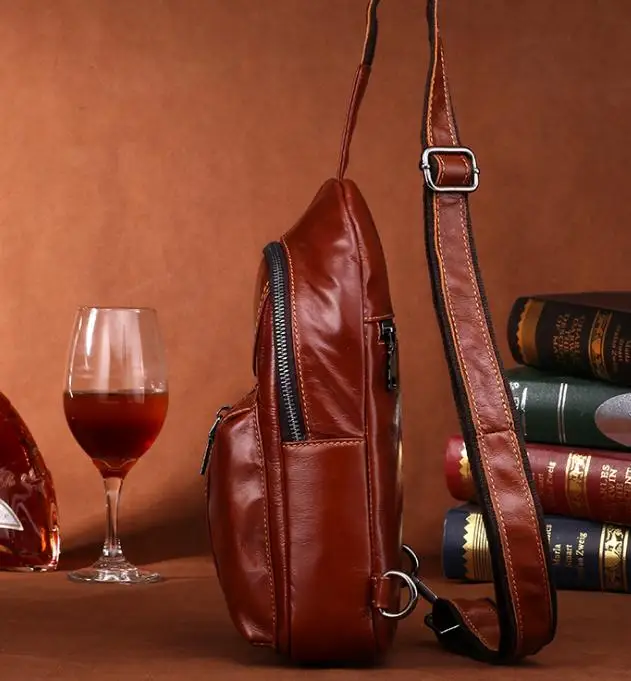

New Fashion Leather Men's Chest Bag Fashion Outdoor Sports Bag Full-Grain Leather Full-Grain Casual Bags in Bright Red Color