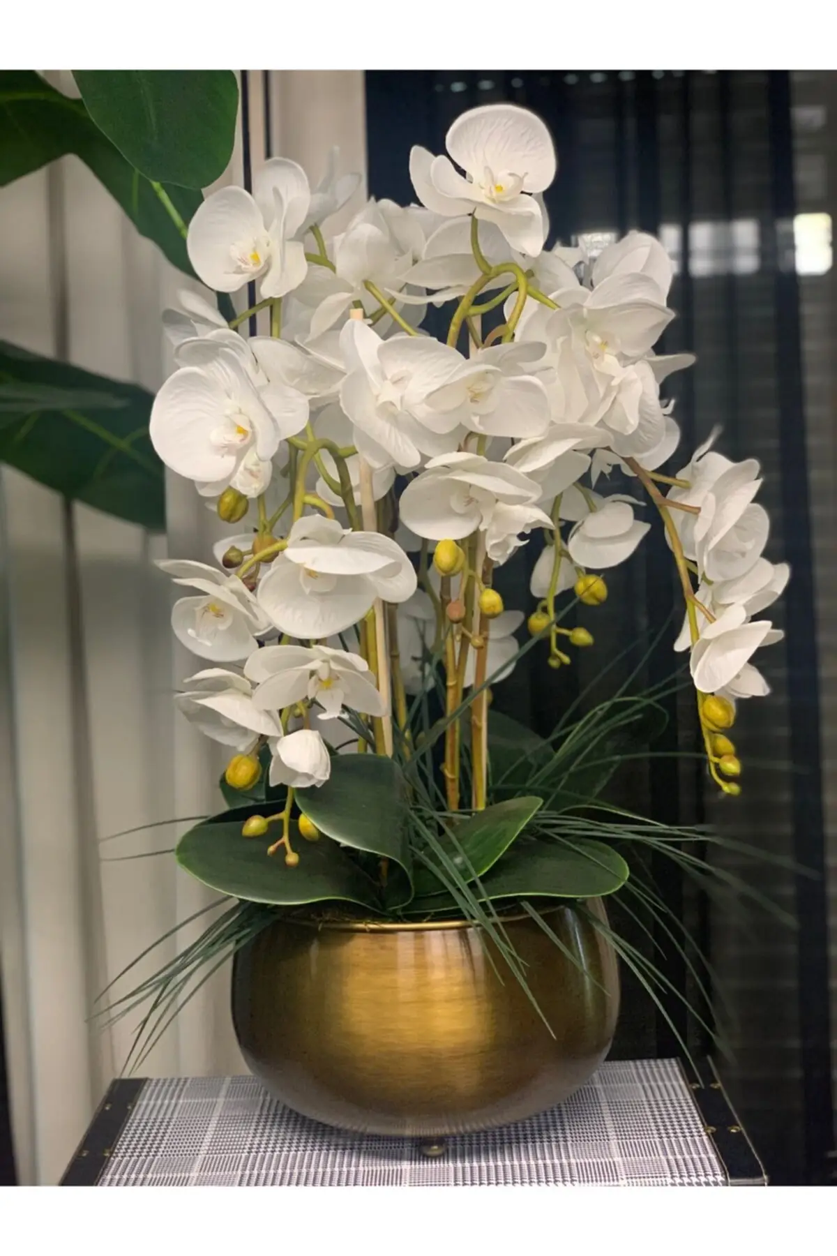 

Dia Moore Studio Artificial White Orchid in Brass Pot