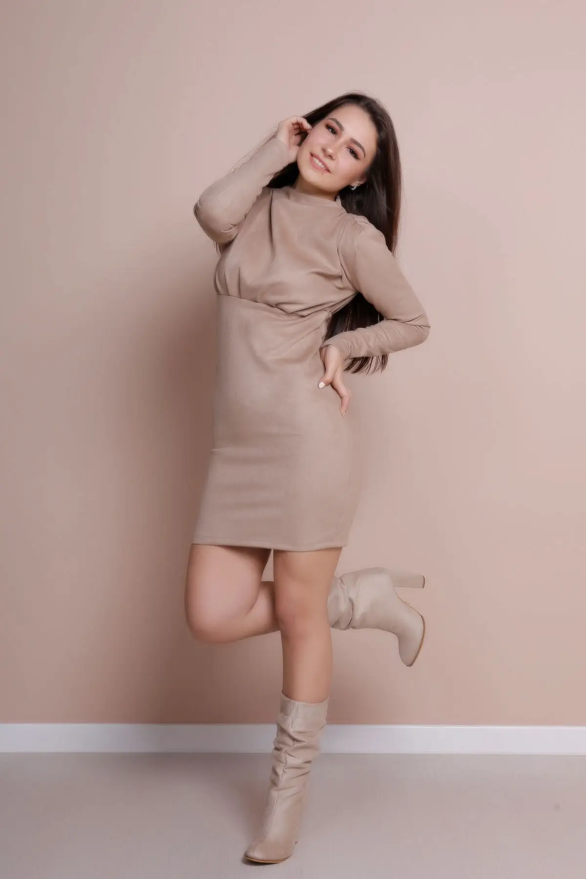 

2021 Casual Suede Woman Female Long Wadding Sleeve Pleated Zipper Detail Dress Mini Short Colored Black Mink Khaki Camel Stylish