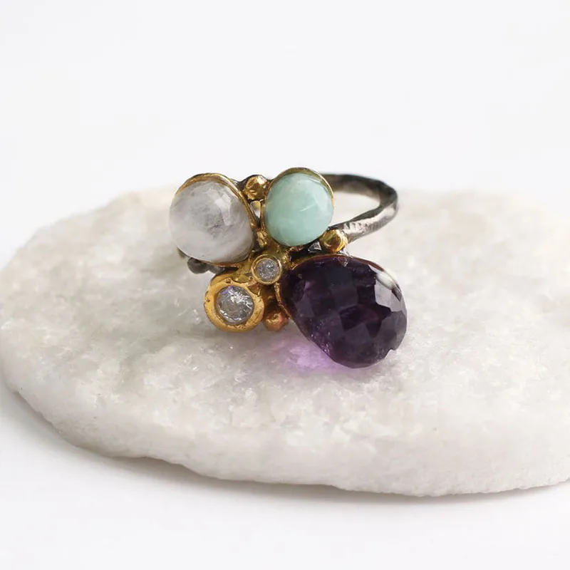 

Light Green Purple and White Zircon Gold Plated Womens Silver Ring, Woman 925Silver Zircon Handmade Ring,Colorful Oval Zircon