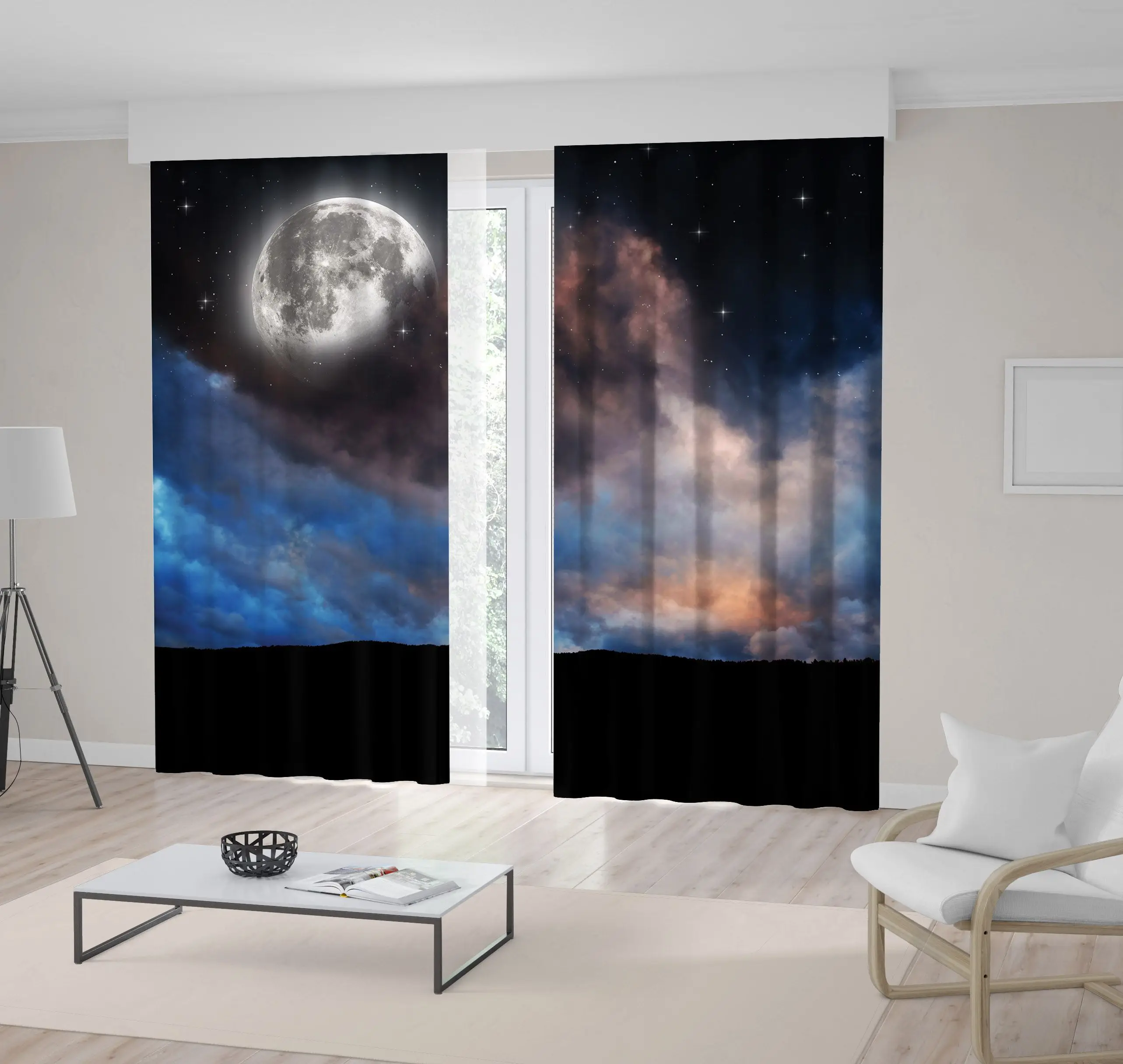 

Curtain Cloudy Night Sky with Full Super Moon and Stars Dramatic Nature Landscape Dark Blue Black Picture Printed