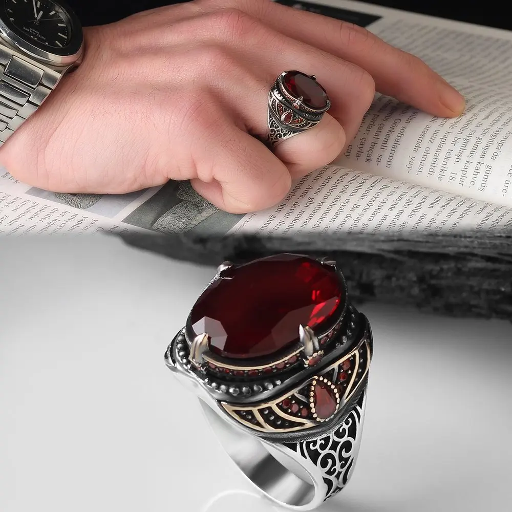 925 Sterling Silver Ring Gothic Original Natural Black Red Zircon And Blue Topaz Stone For Men's Handmade Turkish Jewelry