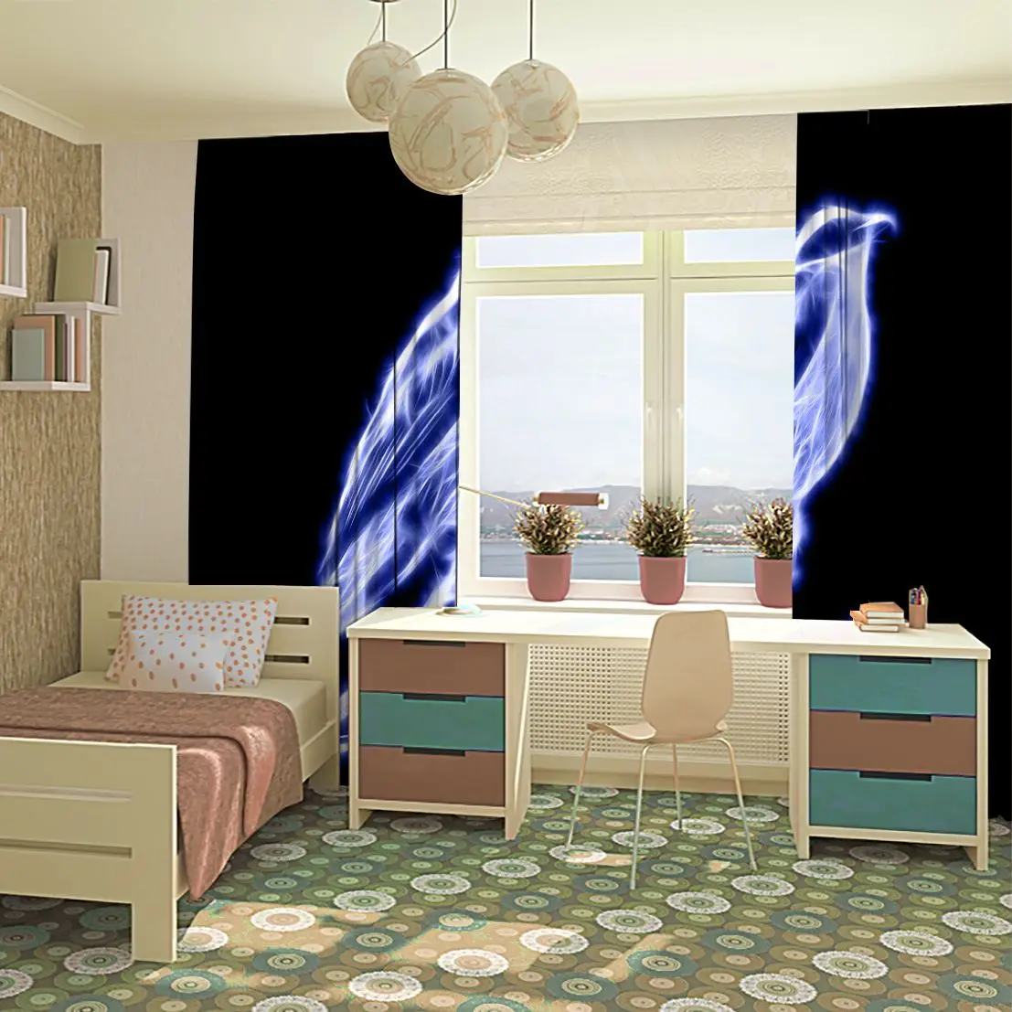 Fiyat Curtain Abstract Glowing Bird Pattern In Dark Space Decorative Futuristic Digital Artwork Blue White Black