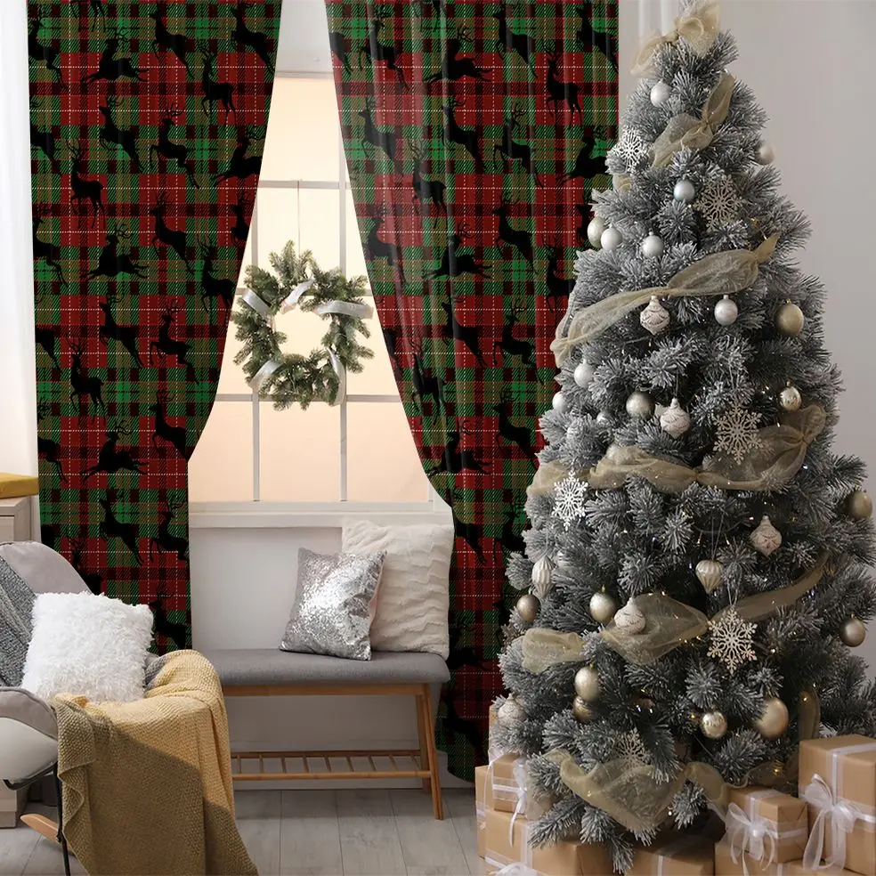 

Curtain Flying Reindeers on Plaid Pattern Traditional Christmas Decorating Theme Artwork Printed Green Red Black