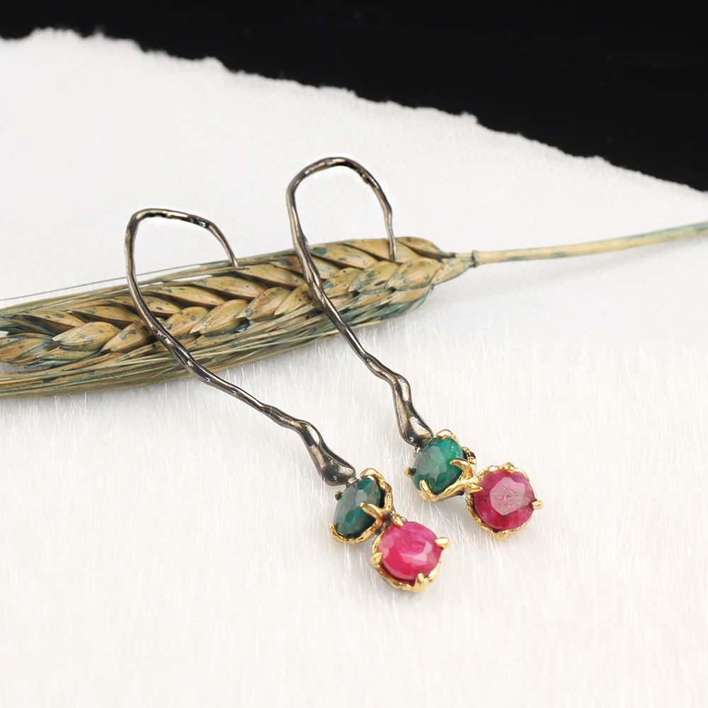 Женские серьги-подвески ручной работы Серебряные Позолоченные красные и зеленые