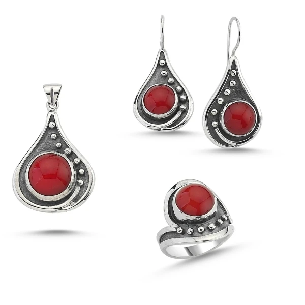 

Silver 925 Sterling Coral Stone Handwork Set