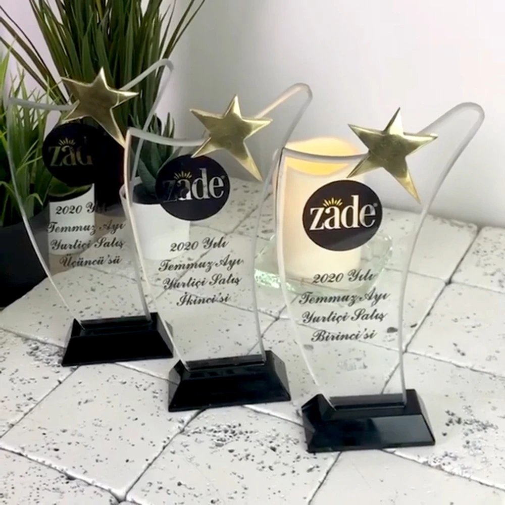 

Silver Star Custom Glass Awards with Your Personal Text Logo or Picture Personalized Trophies with Leather Box Beautiful Crystal