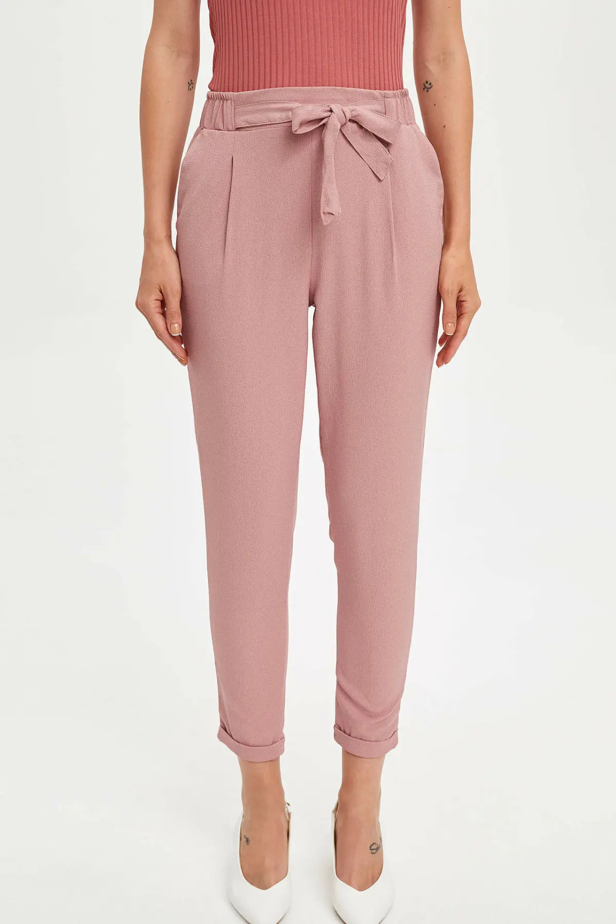 DeFacto женские летние розовые шифоновые брюки карго со шнуровкой и поясом