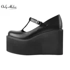 Женские туфли на танкетке Onlymaker, туфли-лодочки на высоком каблуке и платформе, с круглым носком и пряжкой, модная обувь
