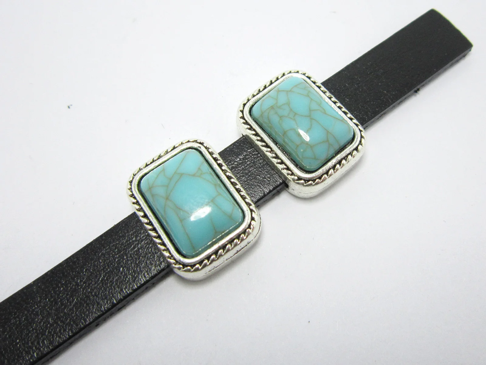 

10mm leather sliders Turquoise 11x2mm flat leather findings 10x2mm mens bracelet slider-5pcs FF109