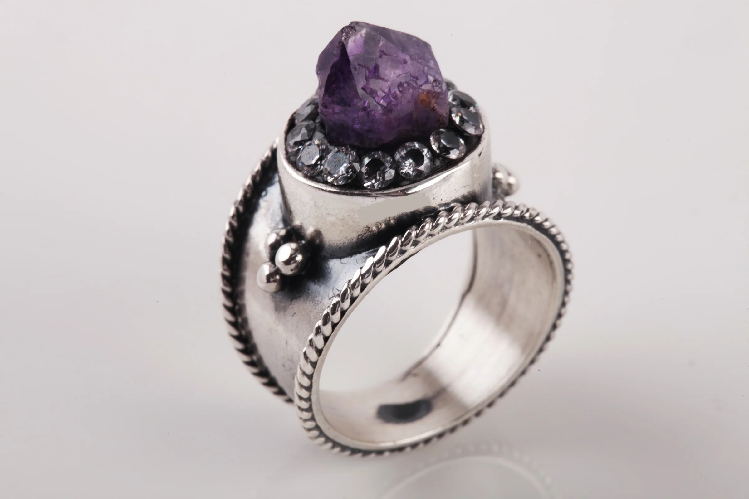 

UM US JEWELRY Crystal Amethyst & Zircon 925 Sterling Silver Female Ring
