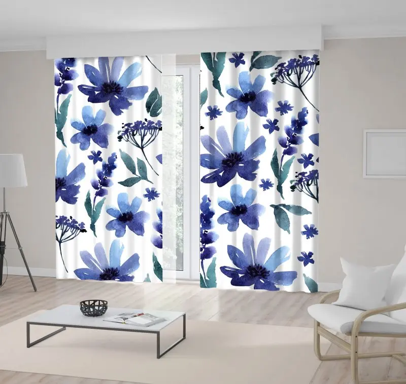 

Curtain Decorative Flowers Buds Blooms Leaves Watercolor Painting Art Printed Green Blue