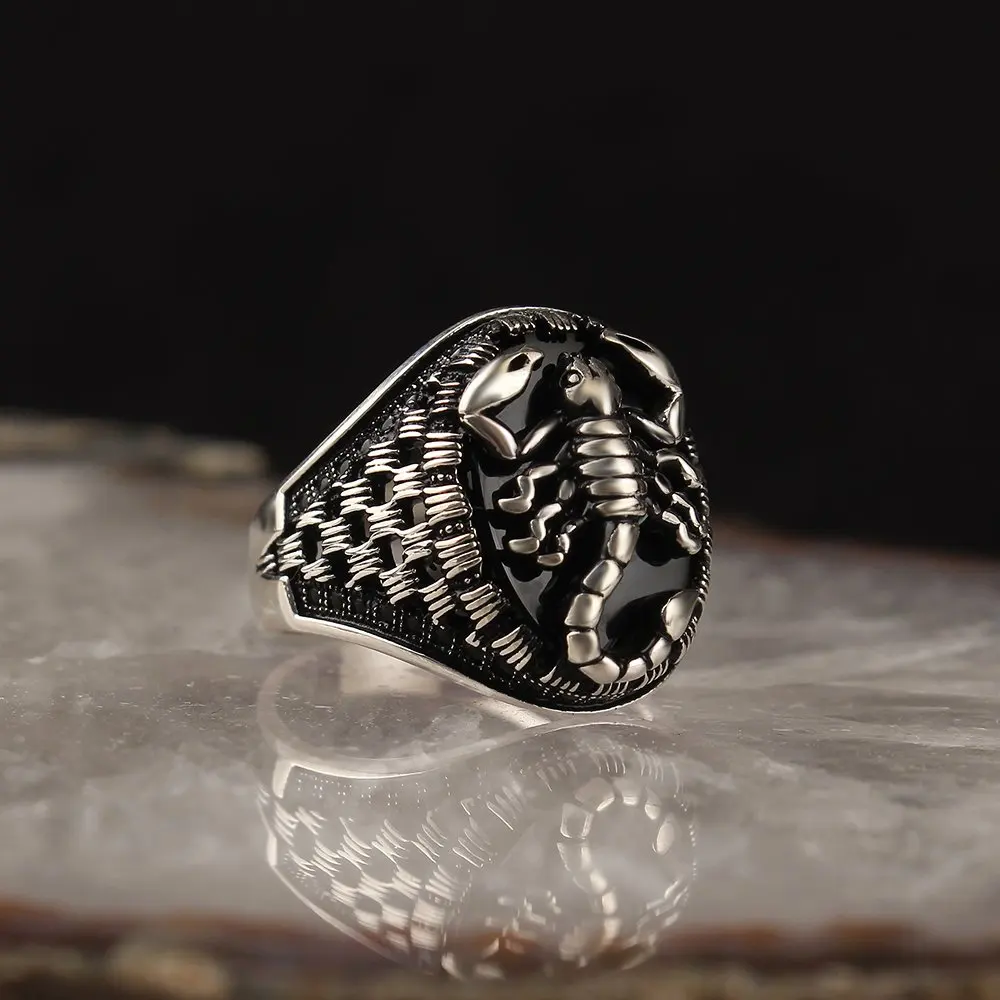 

MEN 'S 925 Sterling Silver Ring, Onyx Stone Scorpion Model, Male Gift Accessories Jewelry, Real Natural Stone, made in Turkey High Quality