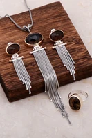 Smoky Quartz Stone Long Chain Silver Set 2045Hand Made Silver Jewellery Set