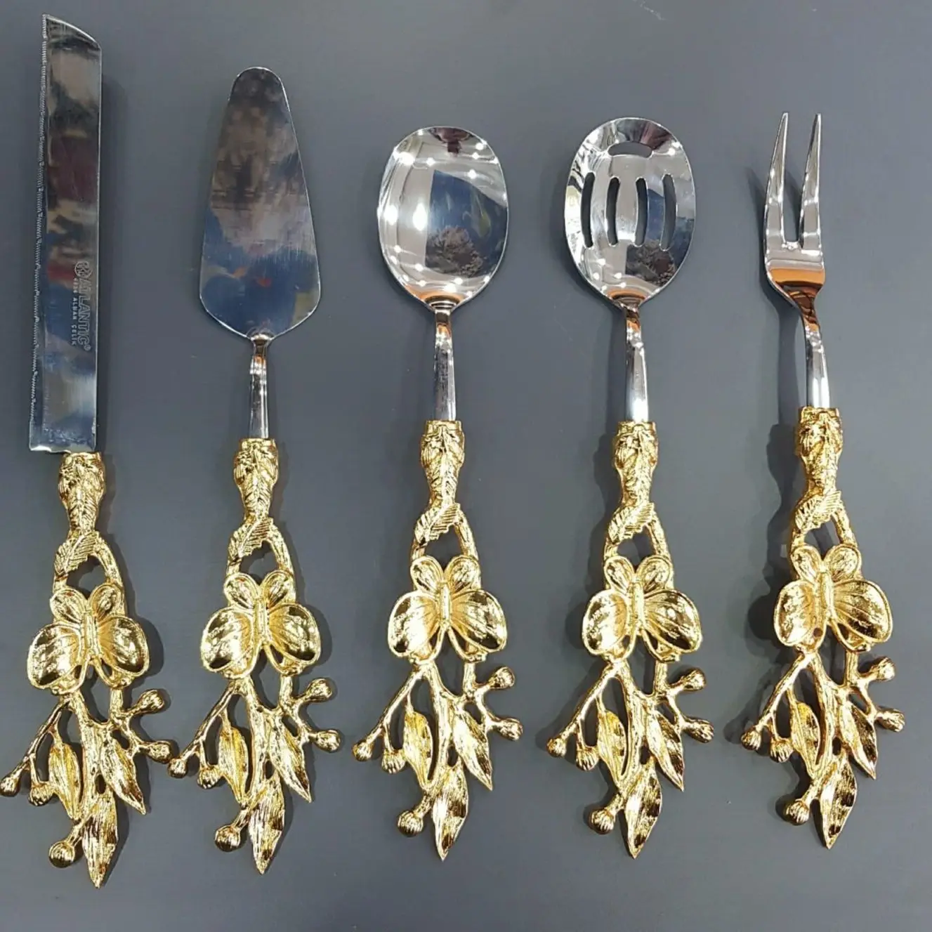 

5 Piece Butterfly Design Service Cutlery Gold Colour Food Presentation Tableware Kitchen Dinner Accessories Metal