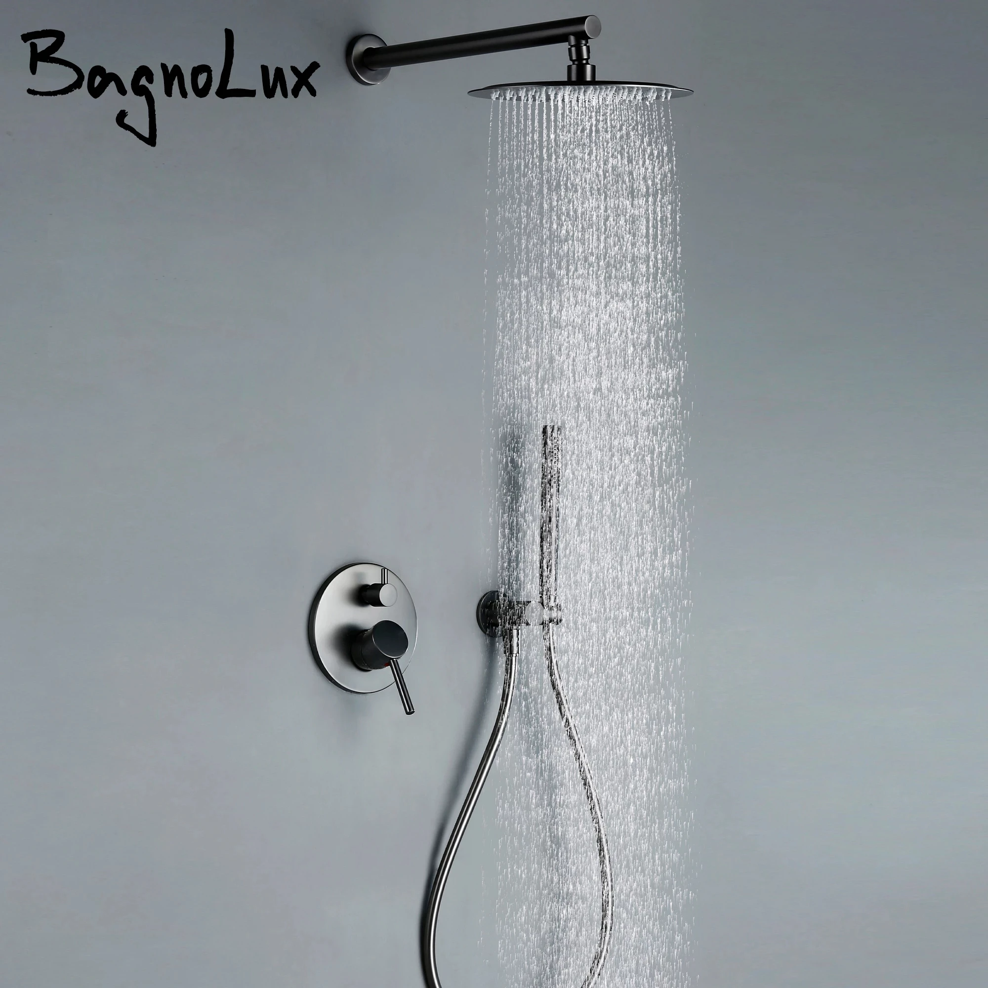 Bagnolux Gun Gray Bath Shower Set Brass Head Rianfall Luxury Combo Wall-Mount Arm Hot And Cold Mixer Diverter Bathroom Faucet