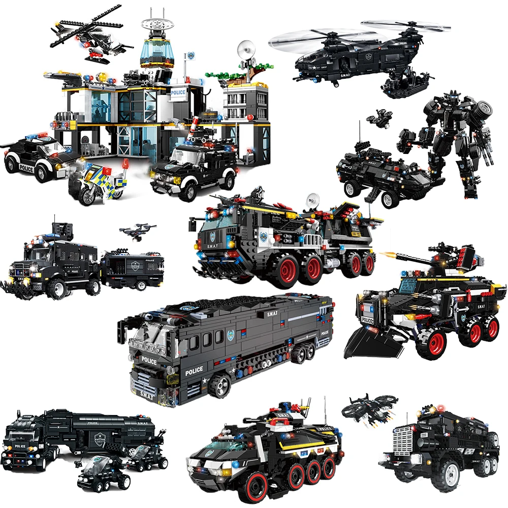 

DIY SWAT Series Police Station Truck Model Bricks MOC City Machine Helicopter Car Building Blocks Toy for Kids Christmas Gifts