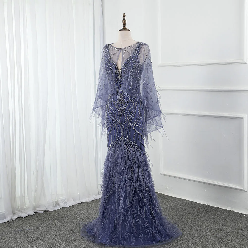 

Женское вечернее платье-Русалка DressbLee, синее платье с V-образным вырезом, длинное платье-накидка с бусинами и кристаллами и перьями, сексуаль...
