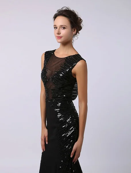 Black Sequined Dress with Look Through Bodice Keyhole Back and subtle Train mermaid Evening Dress 2020
